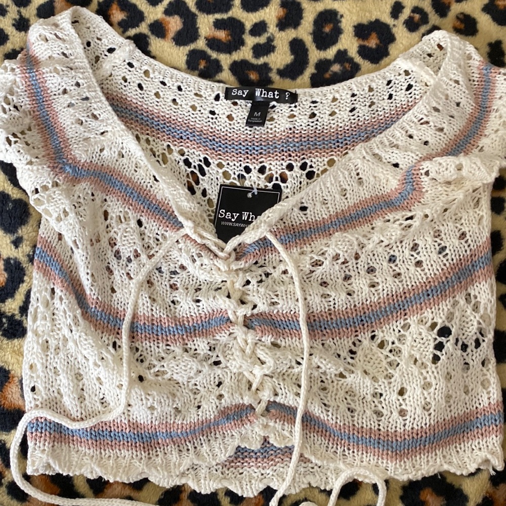 Beige blue and pink string tied crop